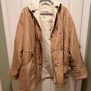 Carolina Colours Womens Tan Quilted Silk Hooded Parka Jacket Size L